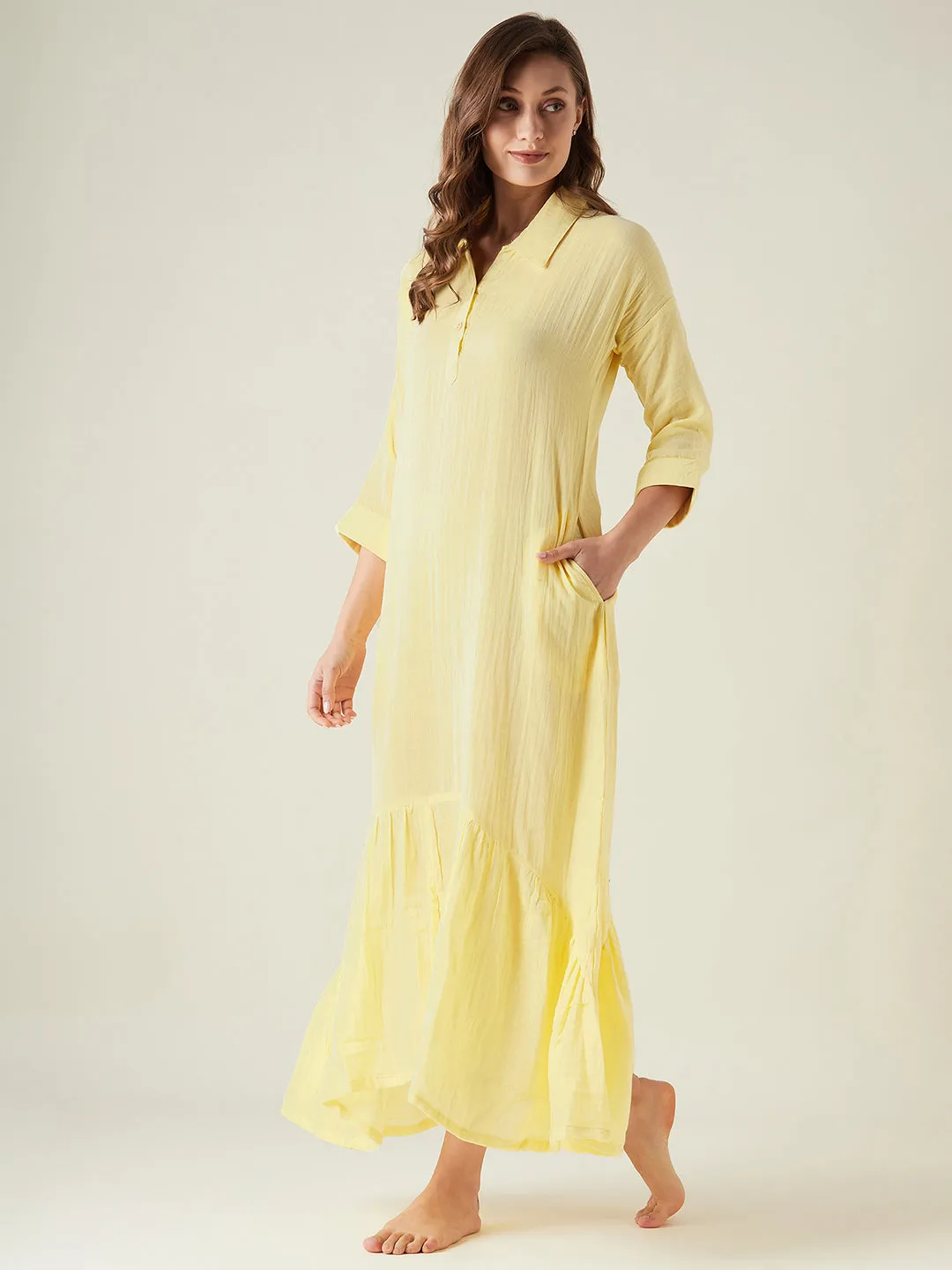 Yellow cotton shirt style lounge dress