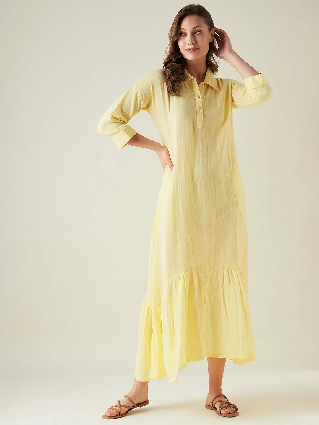 Yellow cotton shirt style lounge dress