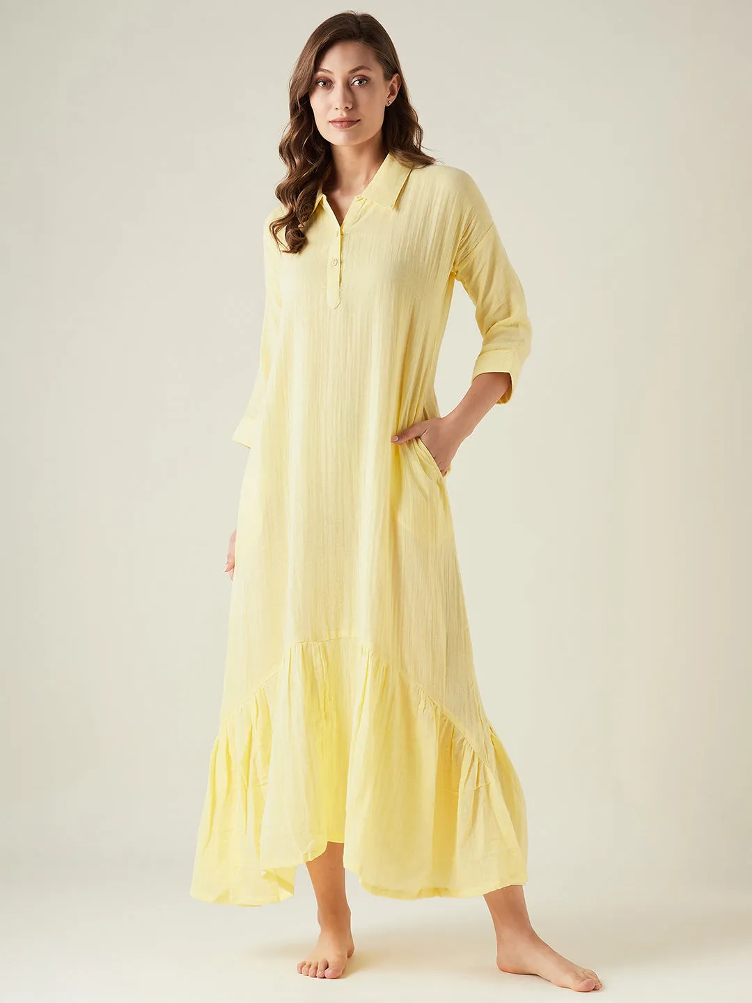 Yellow cotton shirt style lounge dress