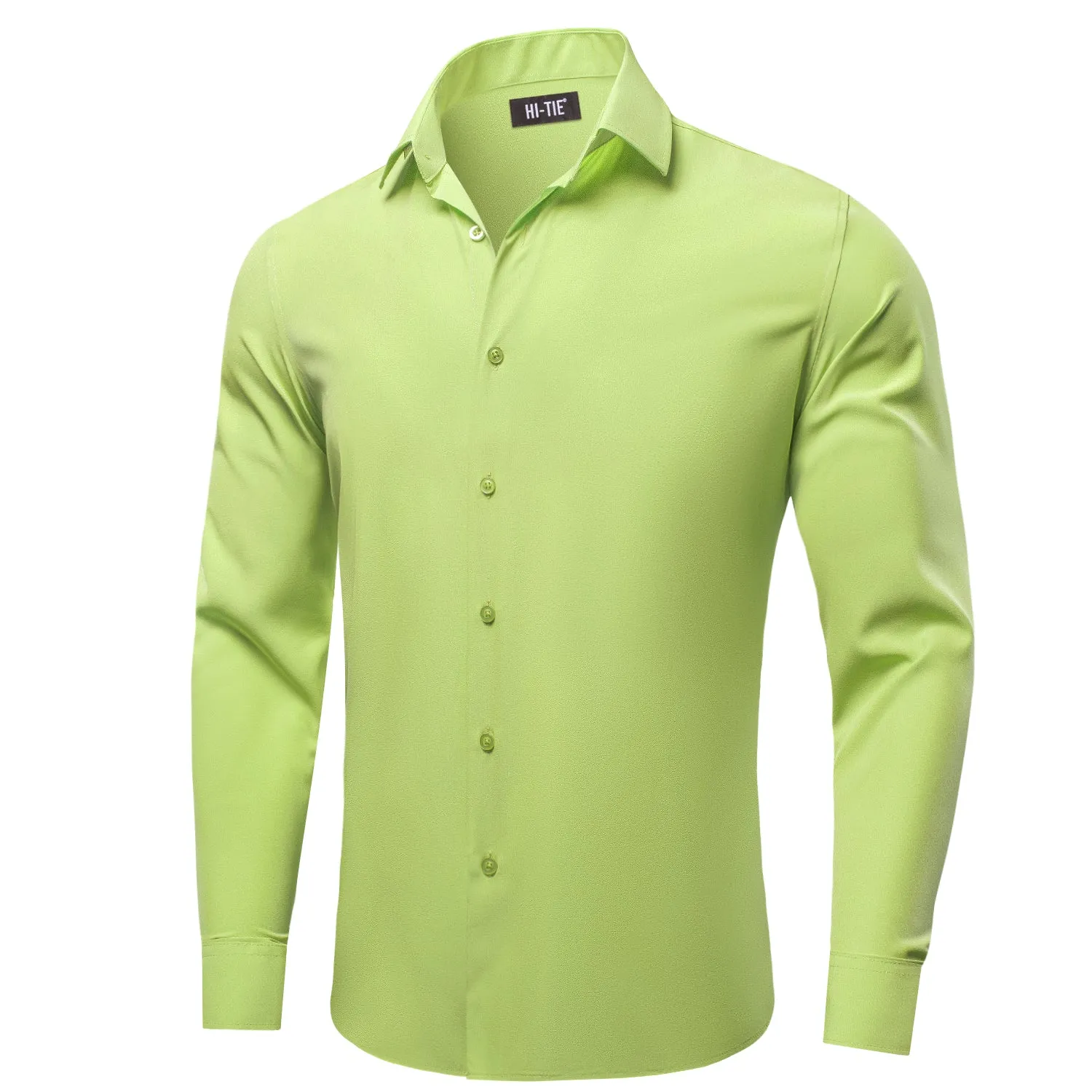 Yellow Green Solid Four-way Stretch Fabric Men's Long Sleeve Shirt